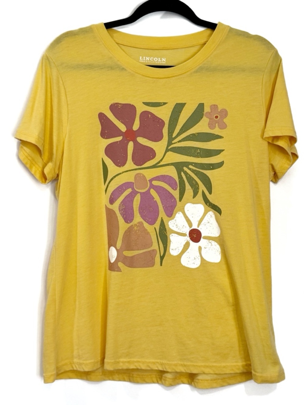 Floral Block Print T-Shirt Womens Large Boho Spring Flowers Graphic Tee